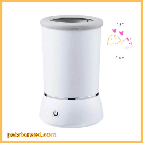 White compact dog paw washer with power button, pet store logo, and petstoreed.com text