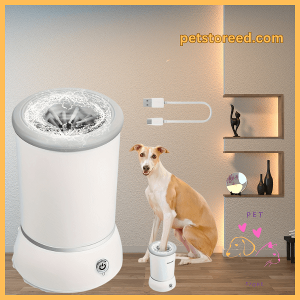 Dog paw cleaner with USB cable, dog using paw washer, petstoreed.com branding in room