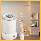 Dog paw cleaner with USB cable, dog using paw washer, petstoreed.com branding in room