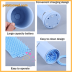 Blue dog paw cleaner with large battery, easy to operate, clean, and charge, shown in detail.