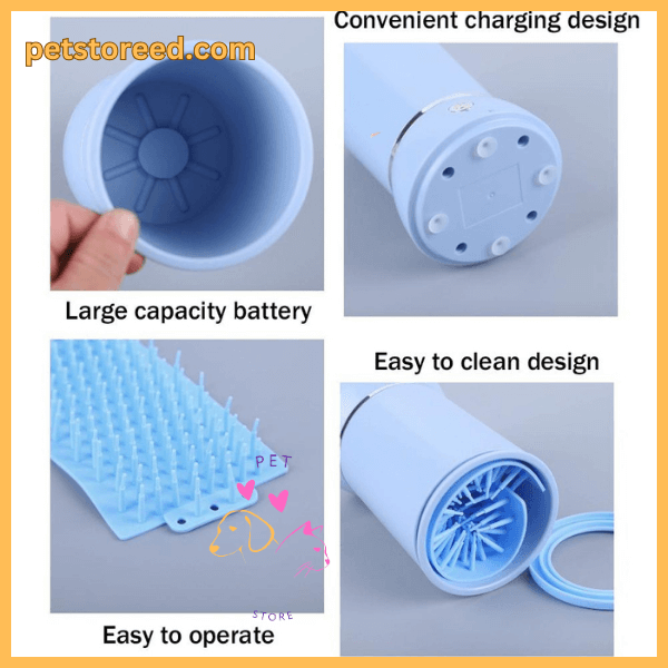 Blue dog paw cleaner with large battery, easy to operate, clean, and charge, shown in detail.