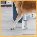 Dog paw in white paw cleaner with owner on wood floor, petstored.com logo visible