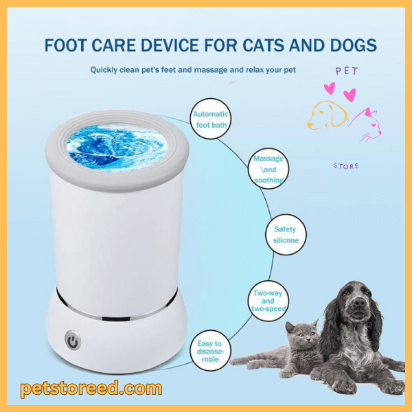 Pet foot care device for dogs and cats with automatic foot bath and massage features
