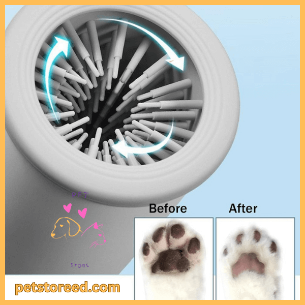 Pet paw cleaner showing brush interior and before and after clean dog paw results.