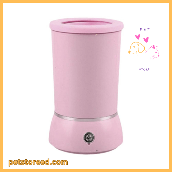 Cute pink paw cleaner for pets with electric button on white background, pet store branding visible.