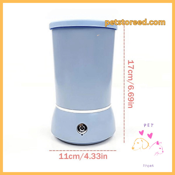 Blue portable dog paw cleaner 17cm tall, 11cm wide, petstoreed.com branding