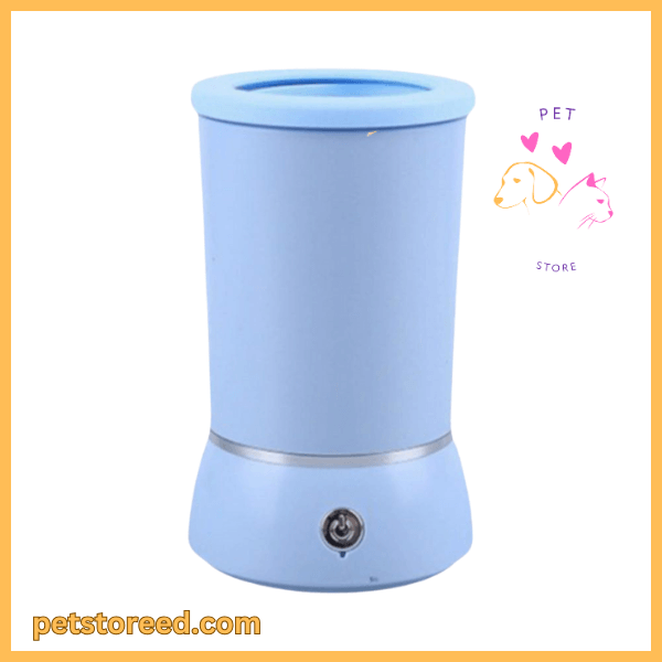 Blue CleanPaws portable paw cleaner for pets, shown with pet store logo and website