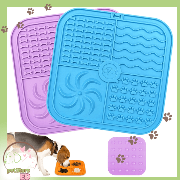 Colorful pet lick mats with textured patterns, dog using orange lick mat, paw print accents