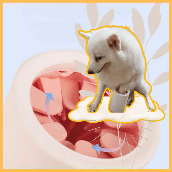 Compact dog paw washer with silicone bristles and white dog using cleaning tool