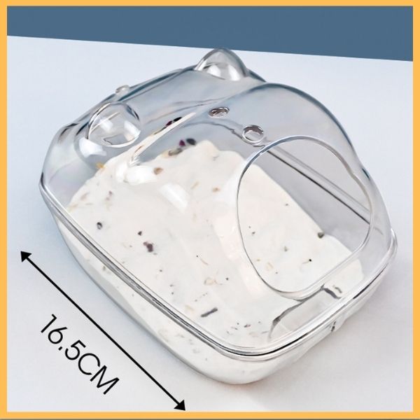 Clear compact hamster sand bath with lid, 16.5cm length, on light background