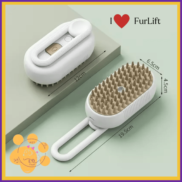 Compact pet grooming brush FurLift with measurements, white design and soft bristles.