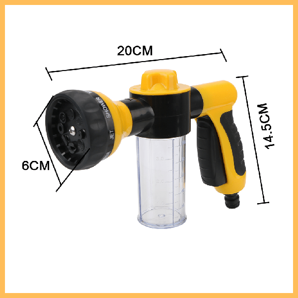 Compact yellow Aqua Pet Jet sprayer with adjustable spray and clear soap dispenser