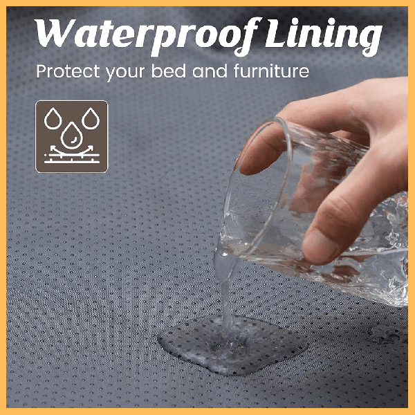 Hand pouring water on waterproof gray dog blanket to demonstrate liquid resistance