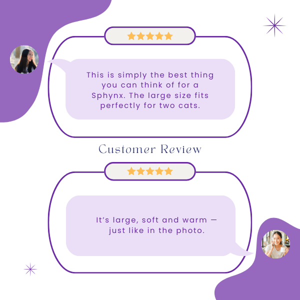 5-star customer feedback praising the cat sleeping bag's softness and realistic look as shown in photos.