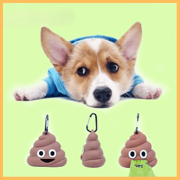 Cute dog in blue hoodie with poop bag dispenser keychains shaped like smiling poop.