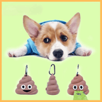 Cute dog in blue hoodie with poop bag dispenser keychains shaped like smiling poop.