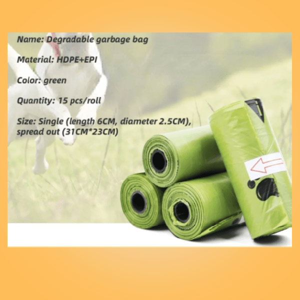Green degradable garbage bags, HDPE+EPI, 15 pcs per roll, product specifications shown.