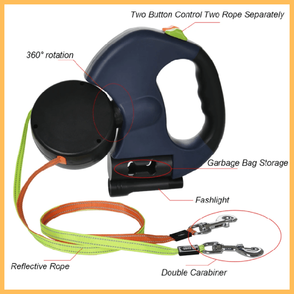 Dog leash handle with two-button control, flashlight, reflective rope, garbage bag storage, double carabiner, and 360-degree rotation.