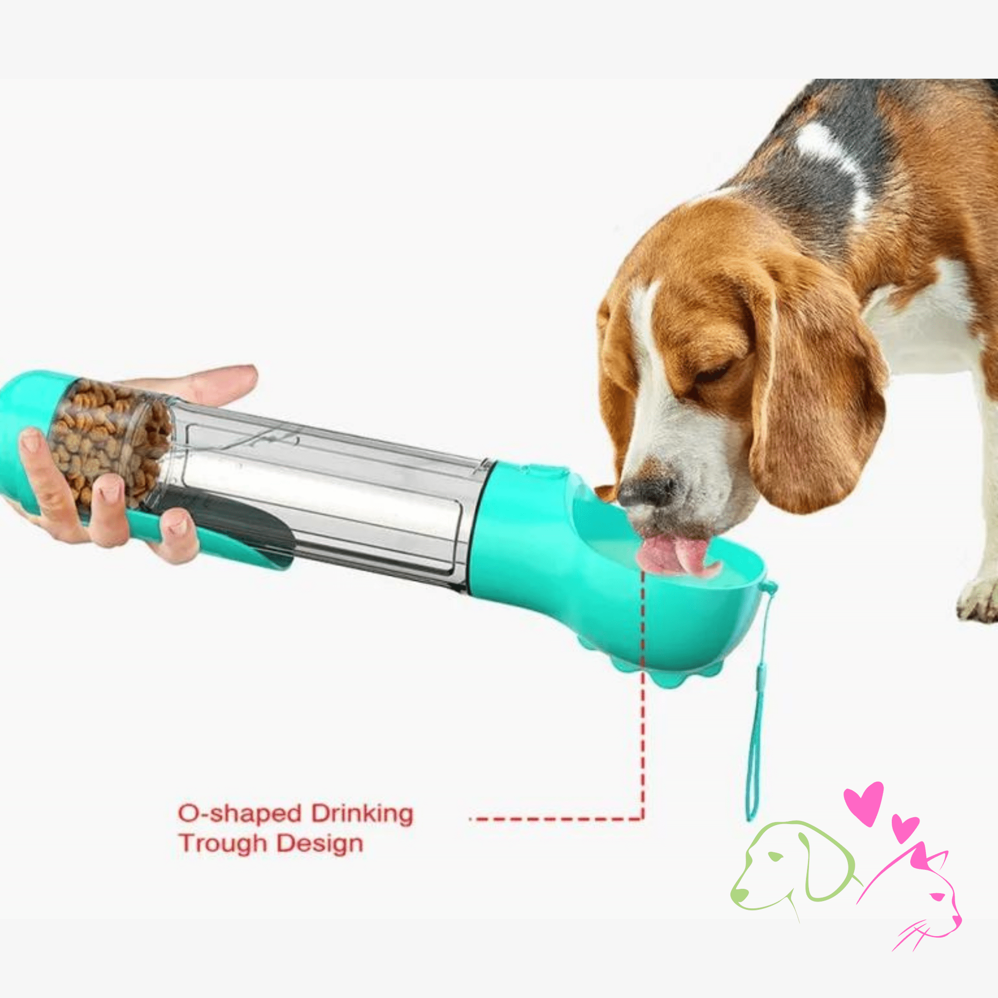 Portable dog water bottle and food dispenser, beagle drinking from O-shaped trough design