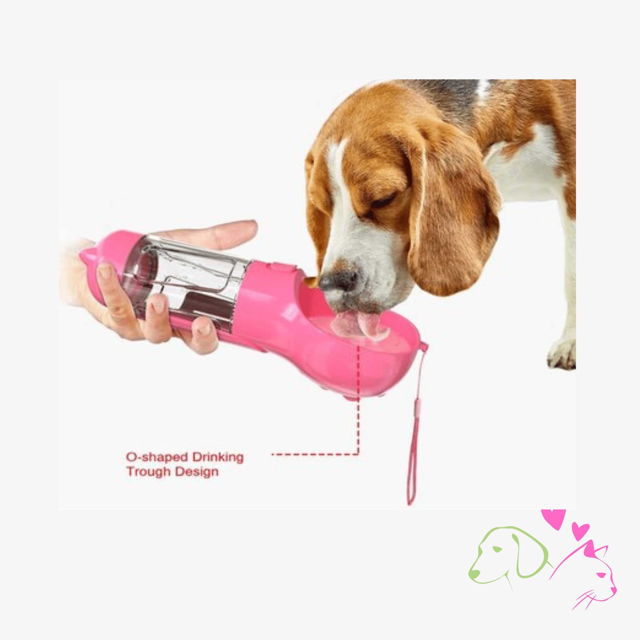 Dog drinking from portable pink pet water bottle with O-shaped trough design