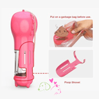 Pink pet poop scooper with shovel and garbage bag for dog waste cleanup