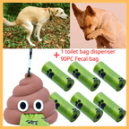 Poop emoji dog waste bag dispenser with green paw print bags, dog images, and product details.