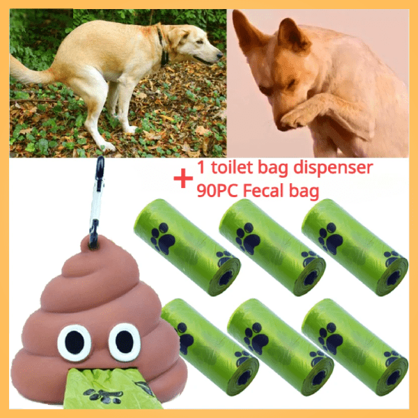 Poop emoji dog waste bag dispenser with green paw print bags, dog images, and product details.