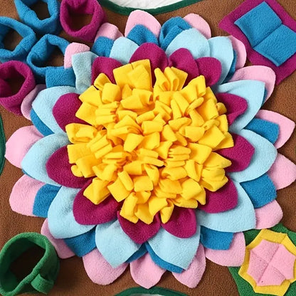Flower-shaped interactive dog feeding mat with red and green fleece zones"