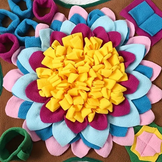 Flower-shaped interactive dog feeding mat with red and green fleece zones"
