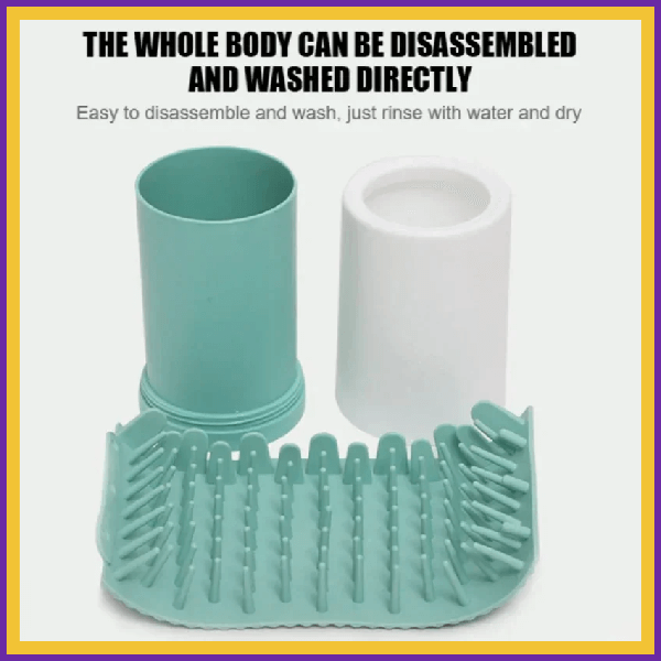 Disassemblable dog paw cleaner with teal and white parts, easy to wash, pet grooming tool