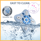 Blue and white dog puzzle feeder submerged in water, labeled dishwasher safe and easy to clean.