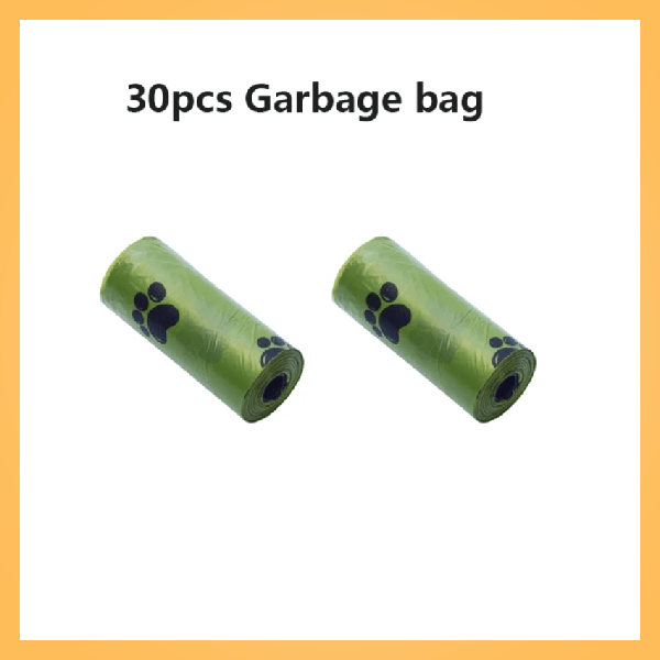 Two green dog poop bag rolls with black paw prints, labeled 30pcs garbage bag.