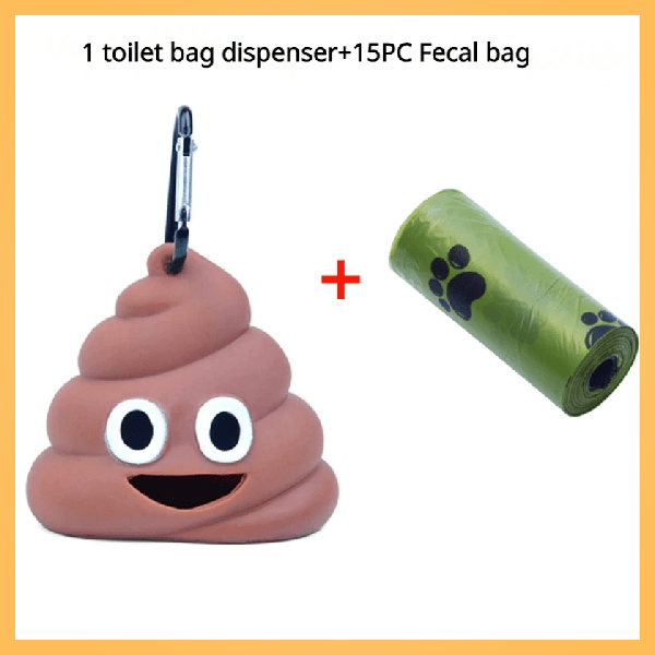 Dog poop emoji bag holder with metal clip and roll of green dog waste bags with paw print