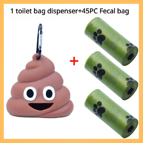 Dog poop bag holder with carabiner and 3 green poop bag rolls with paw prints