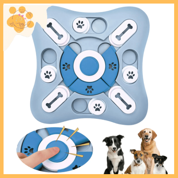 Dog puzzle toy for mental stimulation and slow feeding, blue with paw prints, three dogs