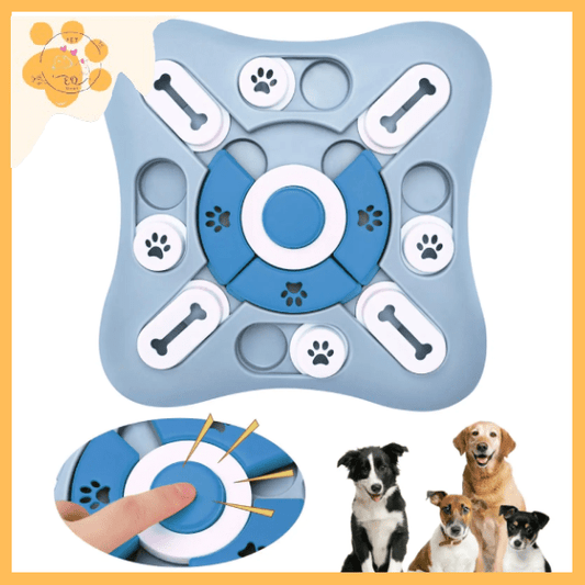 Dog puzzle toy for mental stimulation and slow feeding, blue with paw prints, three dogs