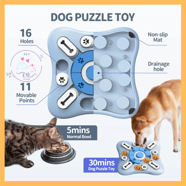 Dog puzzle toy with 16 holes, 11 movable points, blue non-slip mat, cat and dog eating.