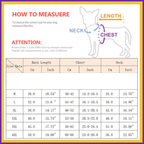 Dog raincoat sizing guide with size chart and illustration for measuring back, chest, and neck.
