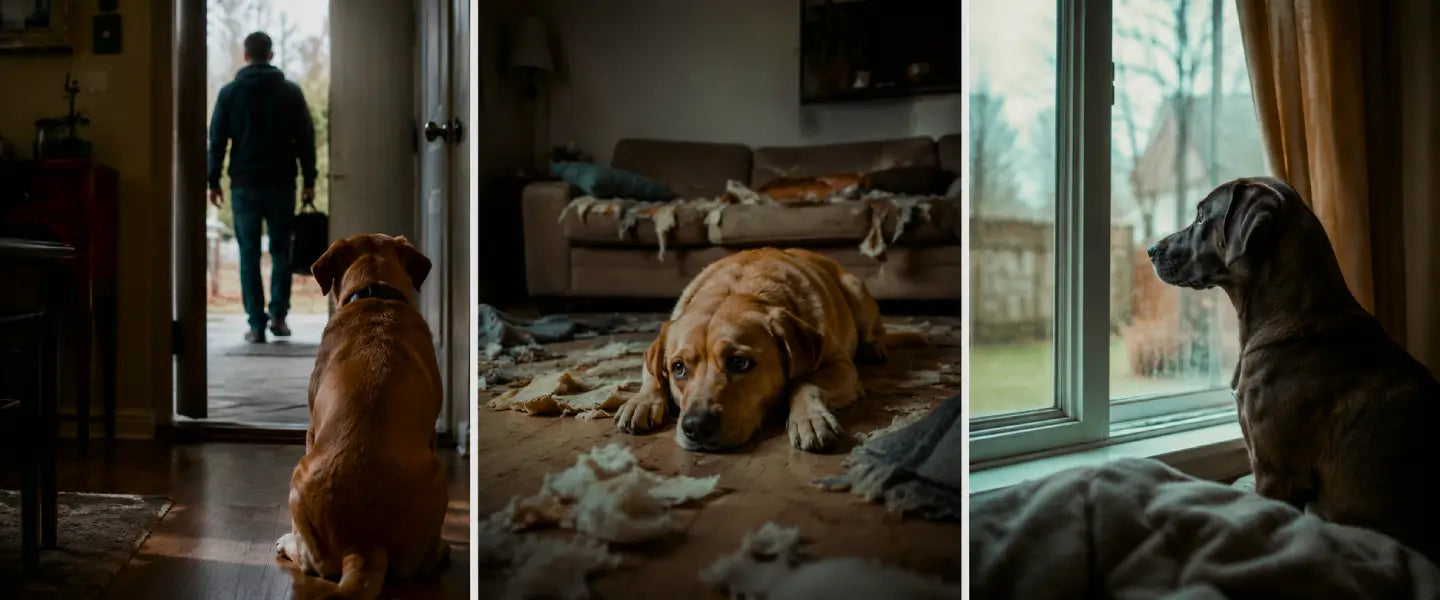 Three dogs showing separation anxiety signs — watching owner leave, destroying furniture, and waiting by the window