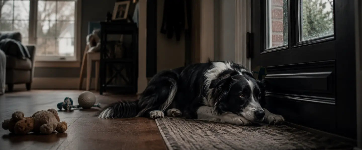 Anxious Border Collie lying by the front door waiting for owner to return home
