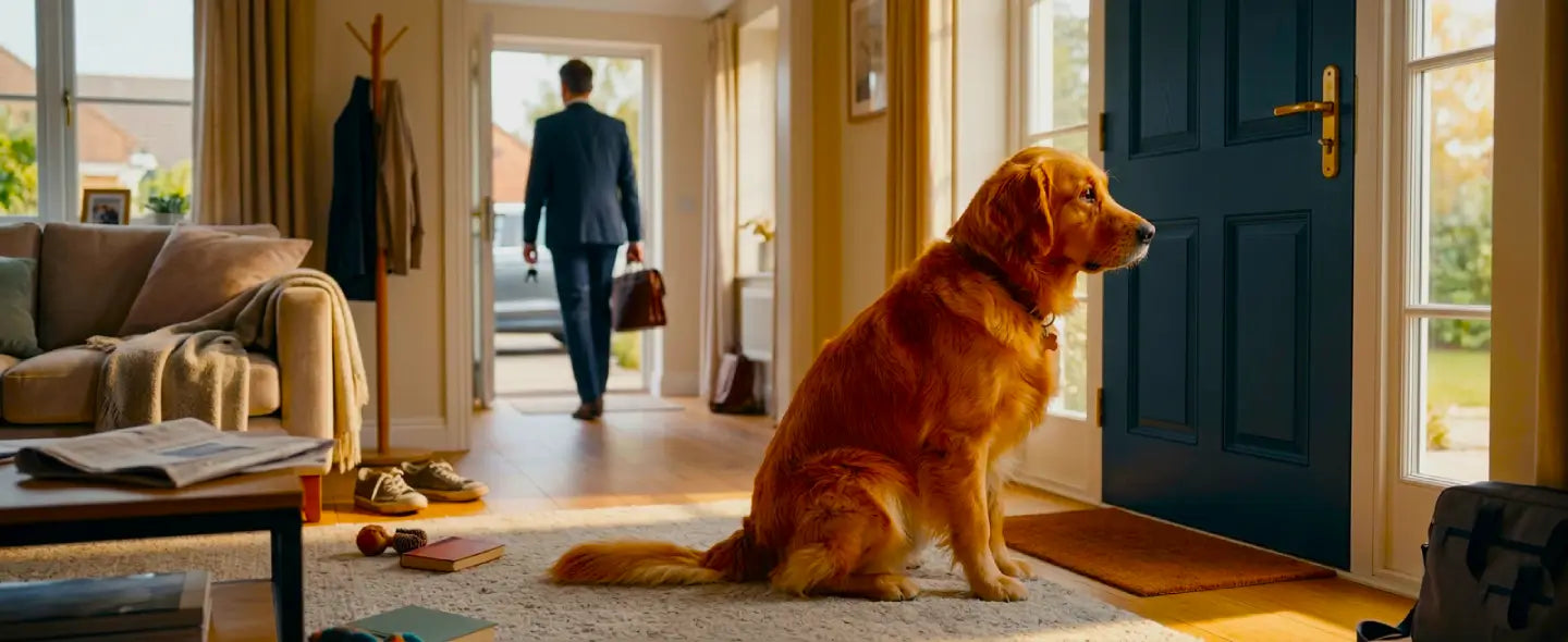 Golden Retriever sitting by open door watching owner leave for work