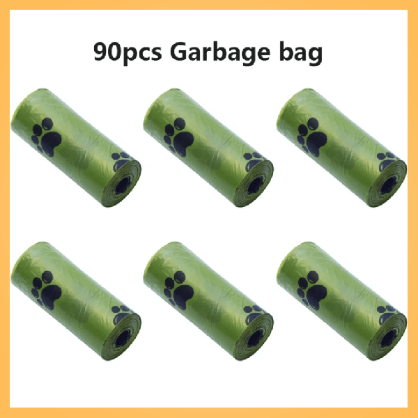Six green dog poop bag rolls with black paw prints, labeled 90pcs garbage bag.