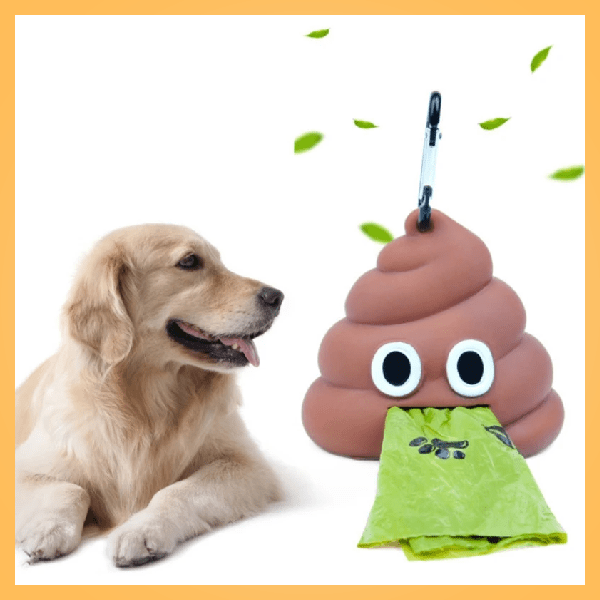 Golden retriever next to poop emoji dog waste bag holder with green poop bag