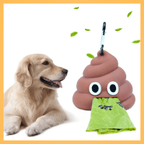 Golden retriever next to poop emoji dog waste bag holder with green poop bag