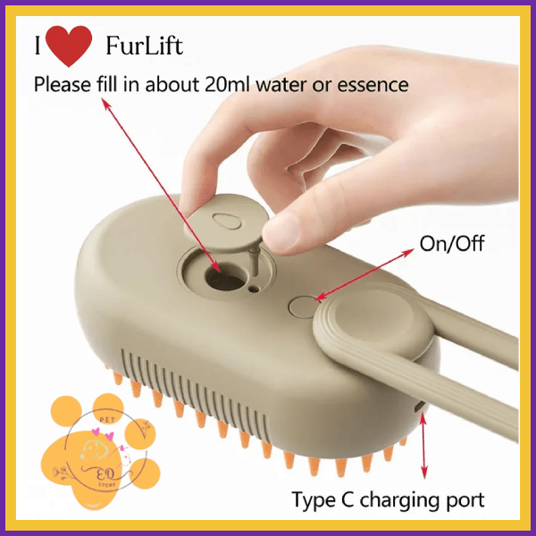 FurLift pet brush with refillable water tank, On/Off button, Type C charging port