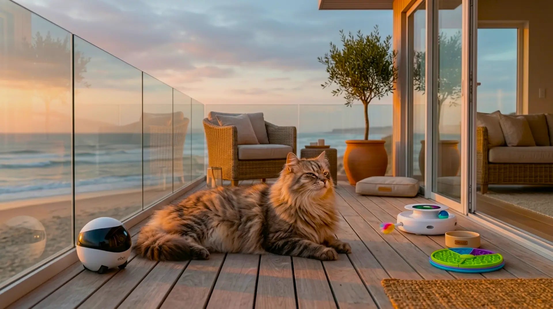 A majestic fluffy Siberian cat resting on a sunlit coastal terrace at sunrise, soft blue-gray sky and warm sandy tones, gentle ocean breeze moving its fur, with a premium pet product subtly integrated into the serene luxury scene.