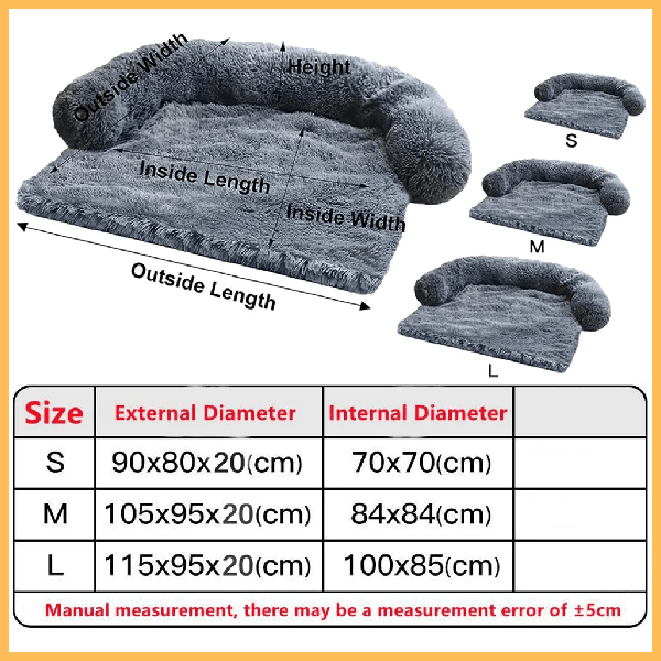 Fluffy dog bed size guide showing S, M, L beds with measurements in centimeters.