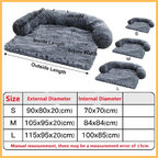 Fluffy dog bed size guide showing S, M, L beds with measurements in centimeters.