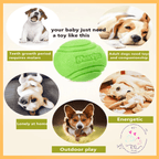 Four bored puppies around a green chew ball dog toy, promoting play and companionship.