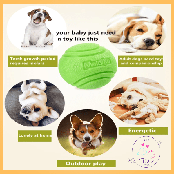 Four bored puppies around a green chew ball dog toy, promoting play and companionship.